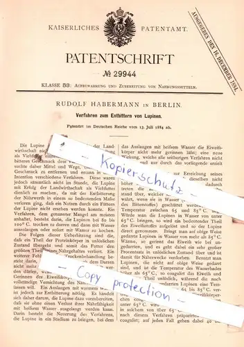 original Patent - Rudolf Habermann in Berlin , 1884 ,  Verfahren zum Entbittern von Lupinen !!!