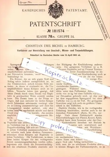 original Patent - C. E. Bichel in Hamburg , 1906 , Herstellung von Geschoß-, Minen- und Torpedofüllungen !!!