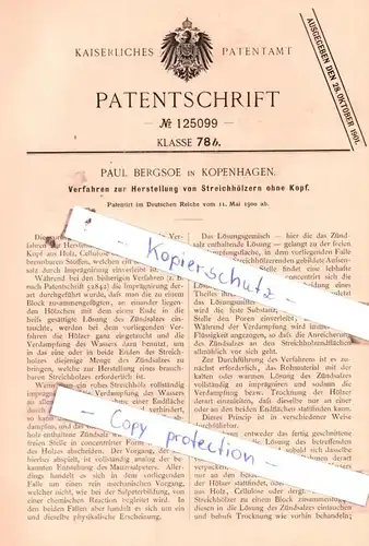 original Patent - Paul Bergsoe in Kopenhagen , 1900 , Verfahren zur Herstellung von Streichhölzern ohne Kopf !!!