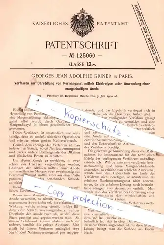 original Patent -  Georges Jean Adolphe Griner in Paris , 1900 , Verfahren zur Darstellung von Peramanganat !!!