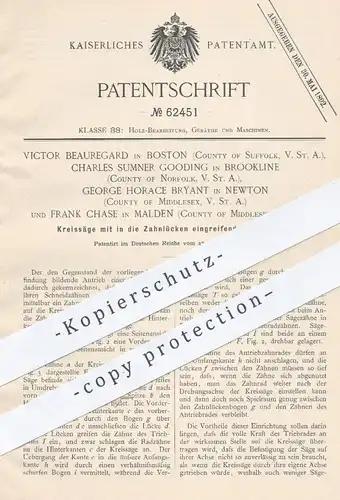 original Patent - Victor Beauregard , Charles Sumner Gooding , George Horace Bryant , Frank Chase , USA 1891 , Kreissäge