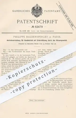 original Patent - Philippe Baldensperger , Paris , 1891 , Antrieb für Handbetrieb | Gasmotor , Motor , Kraftmaschinen