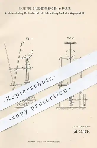 original Patent - Philippe Baldensperger , Paris , 1891 , Antrieb für Handbetrieb | Gasmotor , Motor , Kraftmaschinen
