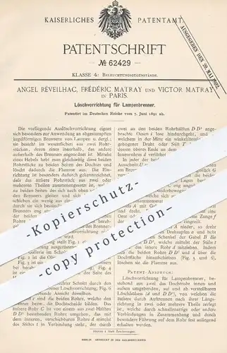 original Patent - Angel Réveilhac , Frédéric & Victor Matray , Paris 1891 , Löschvorrichtung für Lampenbrenner | Brenner