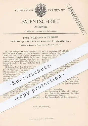 original Patent - Paul Widemann , Dresden , 1884 , Saitenträger und Hammerkopf für Streichklavier | Klavier , Piano !!