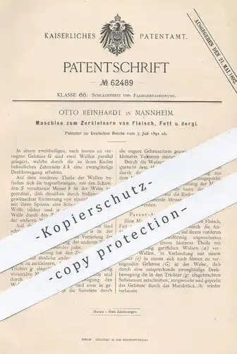 original Patent - Otto Reinhardt , Mannheim 1891 , Zerkleinern von Fleisch , Fett | Fleischwolf , Fleischer , Schlachter