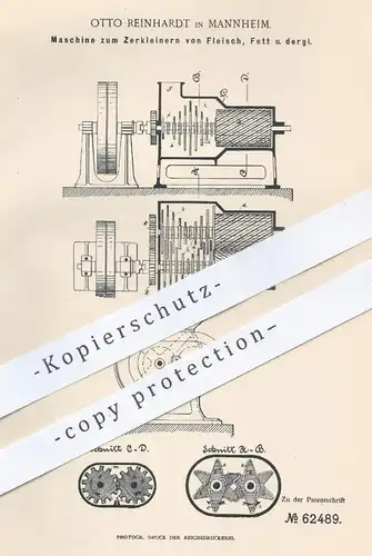 original Patent - Otto Reinhardt , Mannheim 1891 , Zerkleinern von Fleisch , Fett | Fleischwolf , Fleischer , Schlachter
