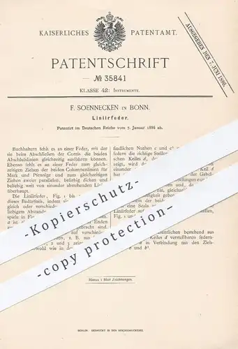 original Patent - F. Soennecken in Bonn , 1886 , Linierfeder | Feder , Schreibfeder | Buchhalter , Büromaterial , Büro