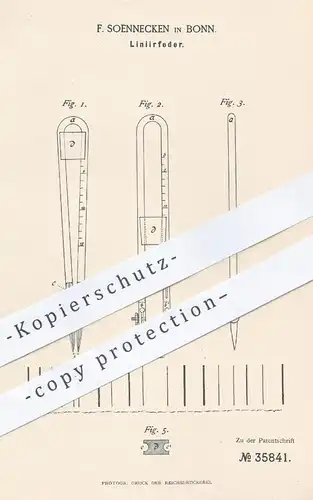 original Patent - F. Soennecken in Bonn , 1886 , Linierfeder | Feder , Schreibfeder | Buchhalter , Büromaterial , Büro