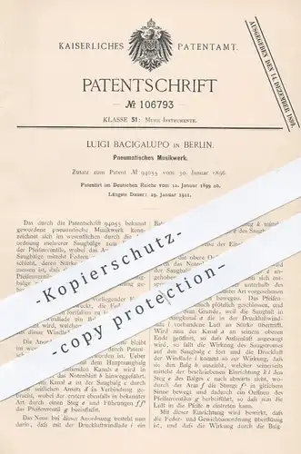 original Patent - Luigi Bacigalupo , Berlin , 1899 , Pneumatisches Musikwerk mit Saugbalg | Musikinstrumente , Musik !!!