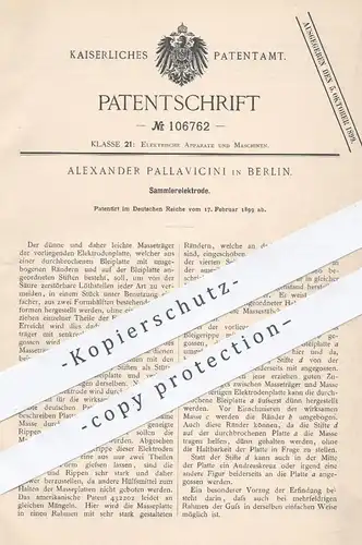 original Patent - Alexander Pallavicini , Berlin , 1899 , Sammlerelektrode | Elektrode , Elektrik , Strom , Löthen !!