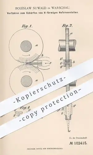 original Patent - Boleslaw Suwald , Warschau , 1898 , Schärfen von H-förmigen Hufeisenstollen | Hufeisen , Huf - Schmied