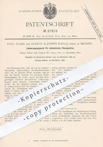 original Patent - P. Claes , Gustav & Joseph Raucq Frères , Brüssel  1883 , Läuterungsapparat für Alkohol | Destillation