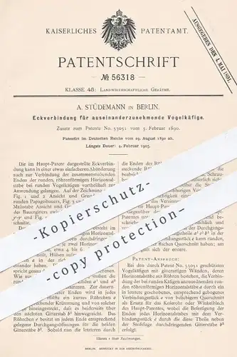 original Patent - A. Stüdemann in Berlin , 1890 , Verbindung für Vogelkäfige | Vogel - Käfig , Papagei , Haustiere !!!
