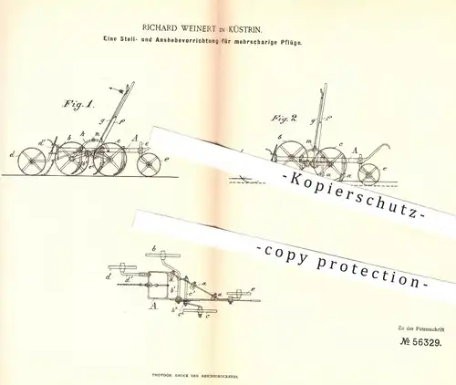 original Patent - Richard Weinert , Küstrin 1890 , Vorrichtung zum Ausheben mehrschariger Pflüge | Pfug , Landwirtschaft