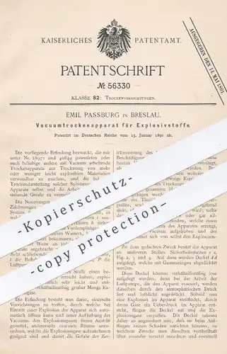 original Patent - Emil Passburg , Breslau , 1890 , Vakuumtrockenapparat für Explosivstoffe | Vakuum , Sprengstoff !!