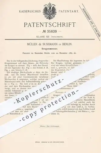 original Patent - Müller & Sussmann in Berlin , 1885 , Kragenmesser | Kragen - Messer | Halsweite messen , Schneider !!
