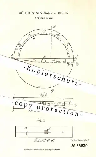 original Patent - Müller & Sussmann in Berlin , 1885 , Kragenmesser | Kragen - Messer | Halsweite messen , Schneider !!