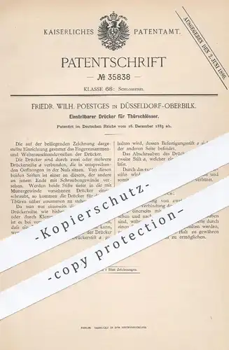 original Patent - Friedr. Wilh. Poestges , Düsseldorf / Oberbilk , 1885 , Drücker für Türschloss | Türendrücker , Tür !!