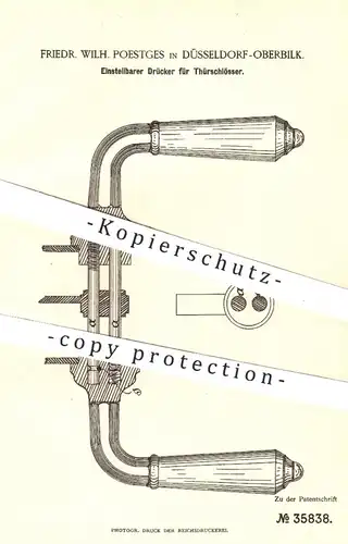 original Patent - Friedr. Wilh. Poestges , Düsseldorf / Oberbilk , 1885 , Drücker für Türschloss | Türendrücker , Tür !!