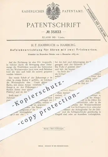 original Patent - H. F. Hambruch , Hamburg , 1885 , Aufziehvorrichtung für Uhren mit zwei Triebwerken | Uhr , Uhrmacher