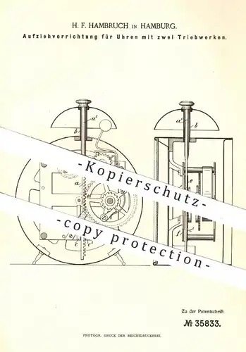 original Patent - H. F. Hambruch , Hamburg , 1885 , Aufziehvorrichtung für Uhren mit zwei Triebwerken | Uhr , Uhrmacher