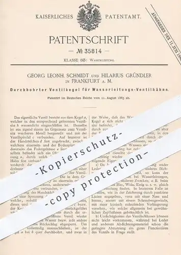 original Patent - Georg Leonh. Schmidt | Hilarius Gründler , Frankfurt , 1885 , Ventilkegel für Wasser - Ventilhahn !!