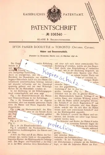 original Patent - Irvin Parker Doolittle in Toronto , Ontario, Canada , 1898 , Haken- und Oesenverschluß !!!