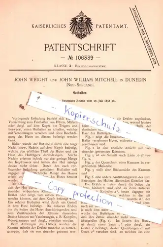 original Patent - John Wright und John William Mitchell in Dunedin , Neu-Seeland , 1898 , Huthalter !!!