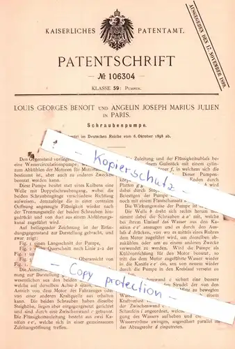 original Patent - Louis Georges Benoit und Angelin Joseph Marius Julien in Paris , 1898 , Schraubenpumpe !!!
