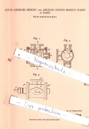 original Patent - Louis Georges Benoit und Angelin Joseph Marius Julien in Paris , 1898 , Schraubenpumpe !!!