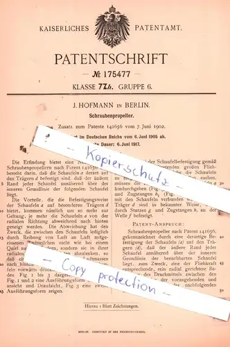 original Patent - J. Hofmann in Berlin , 1905 , Schraubenpropeller !!!