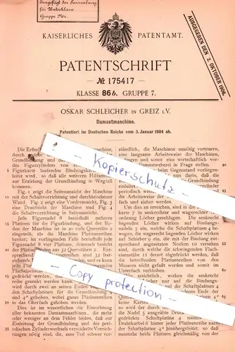 original Patent - Oskar Schleicher in Greiz i. V. , 1904 , Damastmaschine !!!