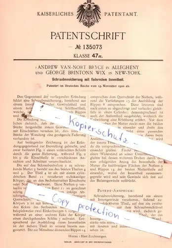 original Patent - Andrew Van-Nort Bryce in Allegheny und George Brintonn Wix in New-York , 1900 , Schraubensicherung !!!