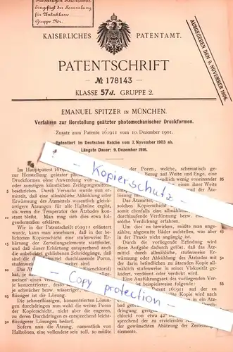 original Patent - Emanuel Spitzer in München , 1903 , Herstellung photomechanischer Druckformen !!!