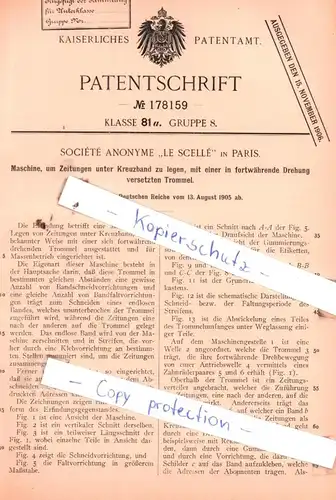 original Patent - Sociètè Anonyme "Le Scelle" in Paris , 1905 , Maschine, um Zeitungen unter Kreuzband zu legen !!!