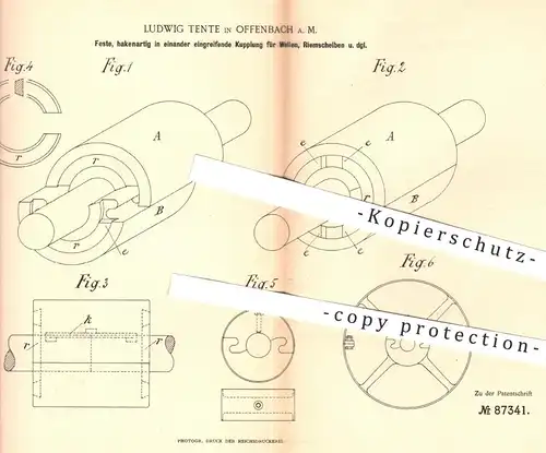 original Patent - Ludwig Tente , Offenbach / Main , 1895 , Kupplung für Wellen , Riemscheiben | Kupplungen , Motor !!