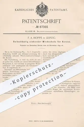 original Patent - F. A. Hoppe , Leipzig , 1894 , Sinkender Windschutz für Kerzen | Kerze , Licht , Lampe , Brenner !!