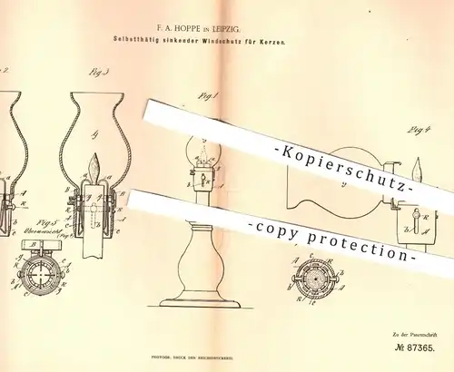 original Patent - F. A. Hoppe , Leipzig , 1894 , Sinkender Windschutz für Kerzen | Kerze , Licht , Lampe , Brenner !!