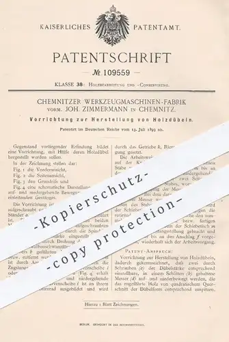 original Patent - Werkzeugmaschinen Fabrik | Joh. Zimmermann , Chemnitz 1899 , Herstellung von Holzdübel | Holz - Dübel