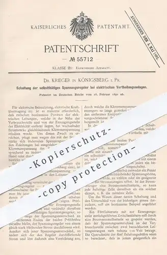 original Patent - Dr. Krieger , Königsberg , Preußen 1890 , Schaltung bei Spannungsregler | Strom , Elektriker , Regler