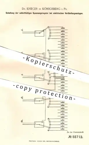 original Patent - Dr. Krieger , Königsberg , Preußen 1890 , Schaltung bei Spannungsregler | Strom , Elektriker , Regler