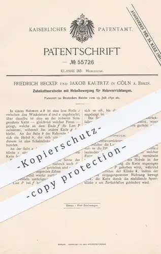 original Patent - Friedrich Becker u. Jakob Kauertz , Köln / Rhein , 1890 , Zahnketten - Ratsche mit Hebel | Hebezeuge