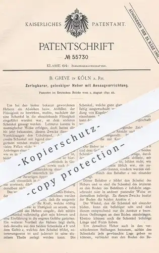 original Patent - B. Greve , Köln / Rhein , 1890 , zerlegbarer, gelenkiger Heber zum Ansaugen | Zapfanlage , Bier zapfen