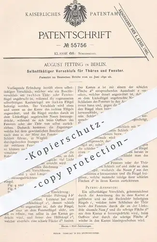 original Patent - August Fetting , Berlin , 1890 , selbsttätiger Verschluss für Türen u. Fenster | Tür , Fensterbauer !!