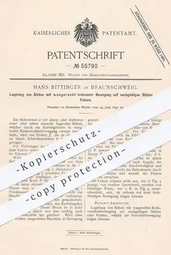 original Patent - Hans Bittinger , Braunschweig , 1890 , Lagerung von Sieb , Siebe | Siebrahmen , Mühle , Mühlen !!!