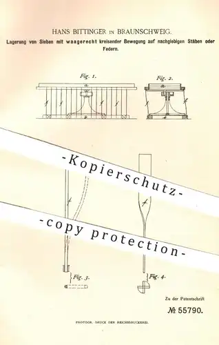 original Patent - Hans Bittinger , Braunschweig , 1890 , Lagerung von Sieb , Siebe | Siebrahmen , Mühle , Mühlen !!!