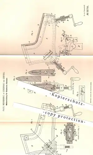 original Patent - P. Messeberg , Lindenau  Leipzig 1890 , Walkvorrichtung für Oberleder am Schuhwerk | Schuhe , Schuster