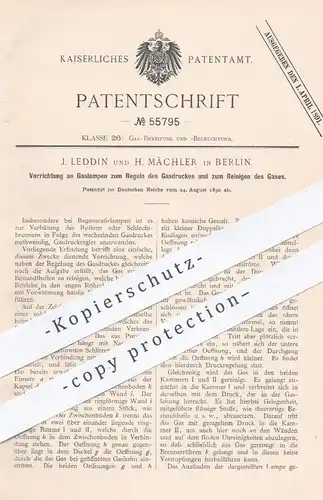 original Patent - J. Leddin , H. Mächler , Berlin , 1890 , Regeln von Gasdruck u. Reinigen von Gas bei Gaslampen | Lampe