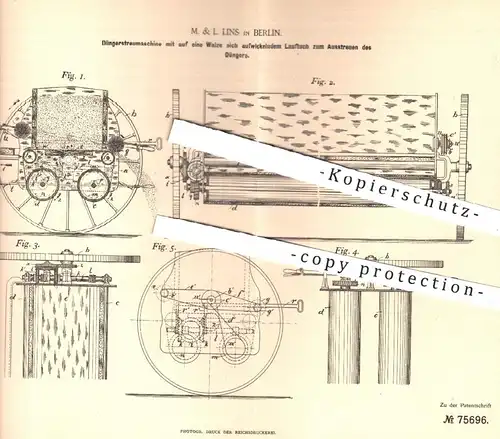 original Patent - M. & L. Lins , Berlin , 1893 , Düngerstreumaschine | Dünger - Streumaschine | Gärtner , Landwirtschaft